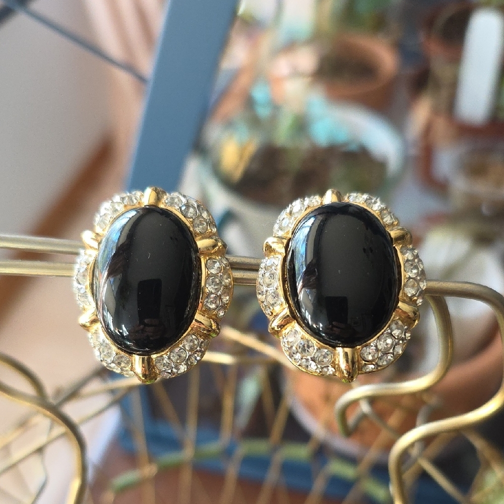 Vintage St. John Cabachon & Crystal Clip-On Earrings